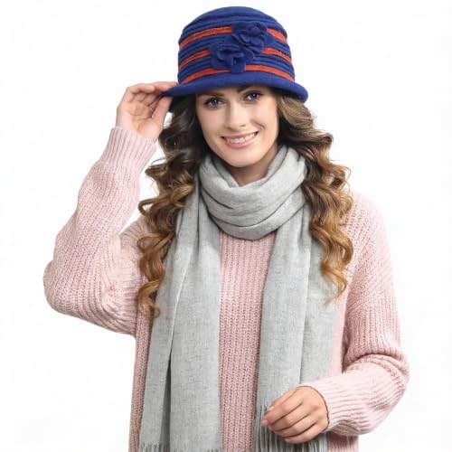 Vintage Women Floral Wool Dress Cloche Winter Hat 1920s - color: C025-d-royal Blue