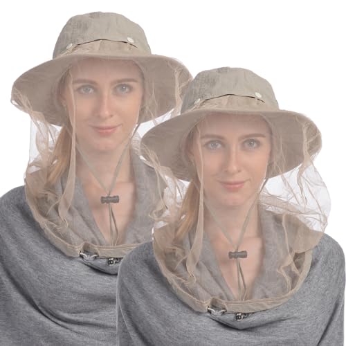 USHAKE Head Net Hat, Safari Hat Sun Hat Bucket Hat with Hidden Net Mesh - color: Khaki+khaki