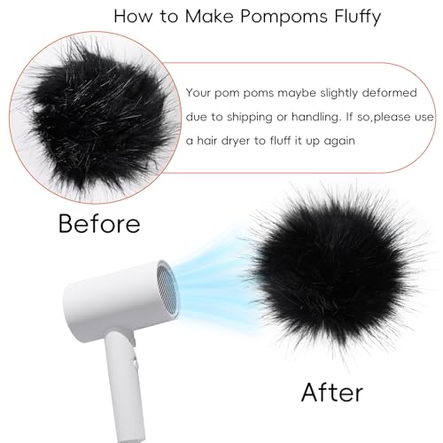 6 Pcs 2.8 Inch Faux Fur Pom Poms for Hats with Elastic Loop - color: Black-6PCS