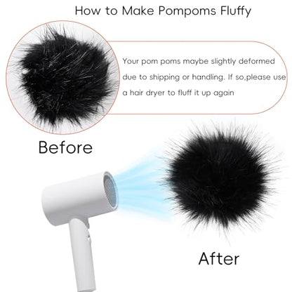6 Pcs 2.8 Inch Faux Fur Pom Poms for Hats with Elastic Loop - color: Black-6PCS