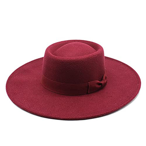 Wide Brim Felt Fedora Hat with Bow Belt, Flat Top Vintage Jazz Cap - color: Red
