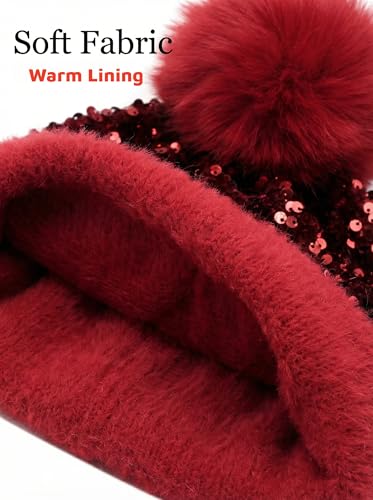 Women Sparkly Sequins Knitted Beanie Hat Warm Winter Skull Cap with Faux Fur Pom Pom - color: Red