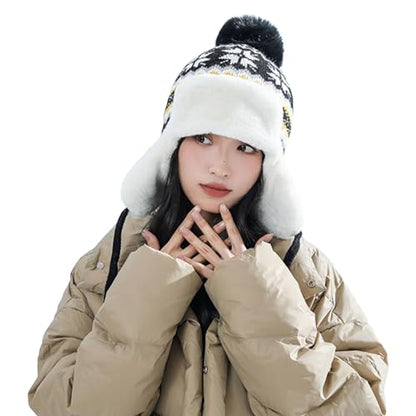 IPENNY Women's Winter Faux Fur Lined Trapper Hat, Warm Knitted Beanie with Pom Pom & Earflaps, Warm Ski Cap for Cold Weather - color: Black