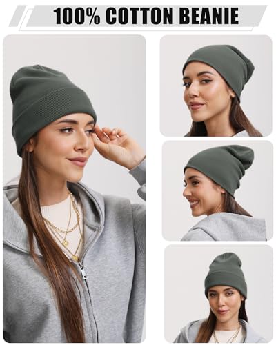 vidsel 100% Cotton Beanie Hat-Unisex Winter Knit Cuffed Beanies Skull Cap - color: 1-grayish Green