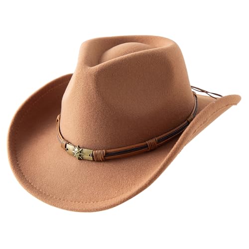 JOYEBUY Cowboy Hats for Kids Vintage Wide Brim Felt Cowboy Hat Girls Cowgirl Hat with Belt Buckle - color: Khaki, size: 3-6 Years