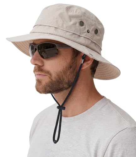 Hat Hut Mens Waterproof Bucket Rain Hat, UPF50+ Sun Hat, Wide Brim, Packable, All-Weather Outdoor Hiking Fishing Hats - color: Beige