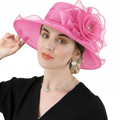 DRESHOW Women Organza Hat Church Cap Hats Clearance Kentucky Derby Cocktail Tea Party Wedding Flower Hat with Wide Brim - color: Flower Hat: Pink