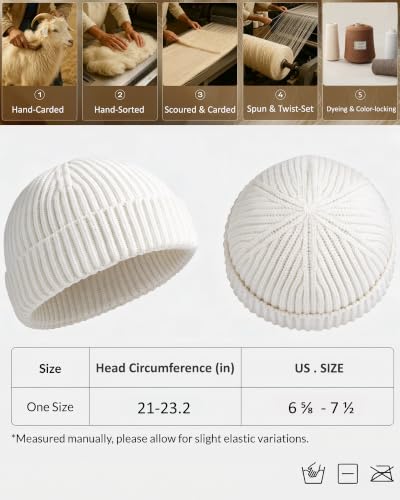 100% Merino Wool Fisherman Beanies for Men Winter Beanie Skull Cap - color: White