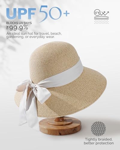 Womens Straw Beach Sun Hat, UV Protection UPF 50+, Lightweight Straw Bucket Hat, Summer Travel - color: Mix Beige-ribbon, size: Medium