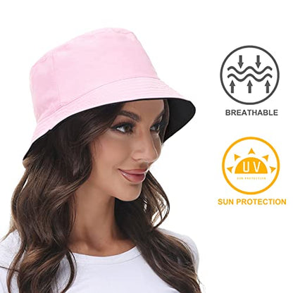 Women Reversible Bucket Hat, Summer Sun Hat for Women - color: Black- Pink