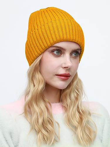 ROYBENS Womens Satin Lined Beanie for Men Wool Knit Cuffed Warm Winter Hats - color: 1pcs-yellow