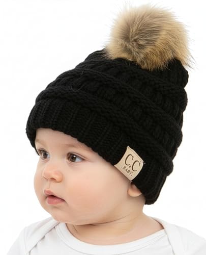 Funky Junque Baby Pom Pom Beanie – Soft Knit Infant Winter Hat for Baby Girls & Boys, Cozy Warm Newborn Beanie 0–12 Months - color: Black - Faux Fur Pom
