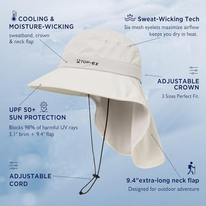 TOP-EX UPF 50+ Cooling Wide Brim Sun Hat for Men with Neck Flap, Packable - color: Glacier Grey, size: Large-X-Large