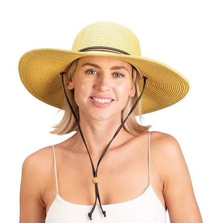 Sloggers Women's Wide Brim Braided Sun Hat with Wind Lanyard - UPF 50+ Maximum Sun Protection - color: Light Brown
