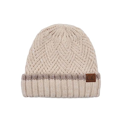 C.C Unisex Chunky Soft Stretch Cable Knit Warm Fuzzy Lined Skully Beanie - color: Cuffed Beige