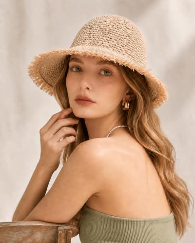 Natural Raffia Straw Bucket Hat for Women Sun Beach Handmade Raffia Woven Bucket Hat Foldable Summer Cap - color: Natural Raffia