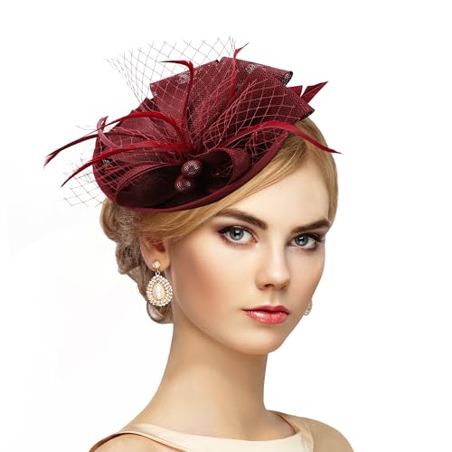 Zinniday Fascinator Tea Party Hat - 2026 Derby Pillbox Kentucky Hat for Women (7.87x5.9inch) - color: Claret