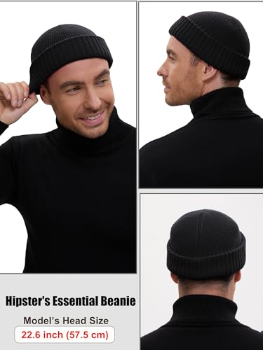 Wool Short Fisherman Beanie for Men Women Double Cuffed Skull Caps - color: 1pcs-black