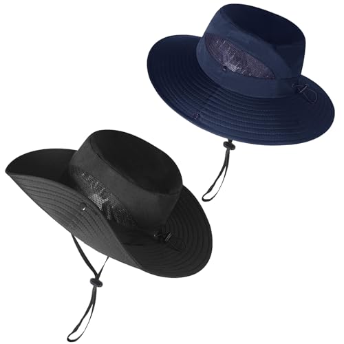 ZOORON Sun Hats for Men Women, Wide Brim Safari Hats UV Protection UPF50+ Waterproof Boonie Hats for Fishing Hiking Camping - color: 2pack-black+navy