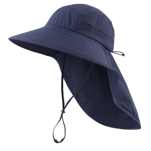 Home Prefer UPF 80+ Sun Hat for Men Women Wide Brim Sun Hat with Neck Flap Summer Beach UV Protection Gardening Fishing Hat - color: Navy Blue