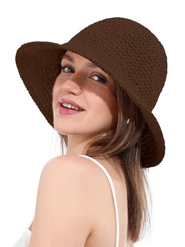 Womens Sun Hat Handmade Crochet Straw Bucket for Summer Foldable Travel Cap - color: Coffee
