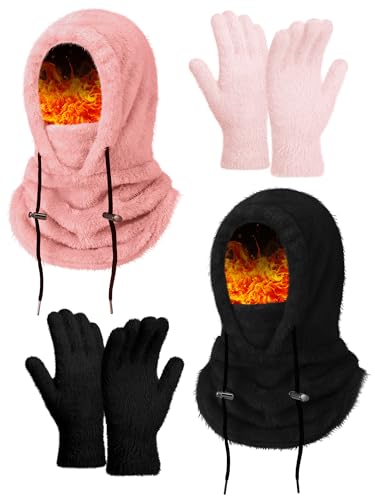 4 Pcs Winter Fleece Balaclava Ski Mask Glove Men Women - color: Black and Pink