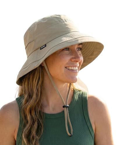 Bucket Sun Hat for Women, UPF 50+ Wide Brim, Packable, Waterproof Rain Hat for Hiking Outdoor Travel - color: Khaki
