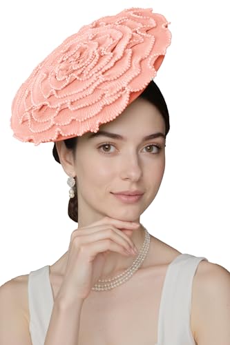 Coucoland Fascinators Hats for Women - Tea Party Cocktail Kentucky Fascinator Multilayer Flat Derby Hat with Pearl for Party - color: Peach Fuzz