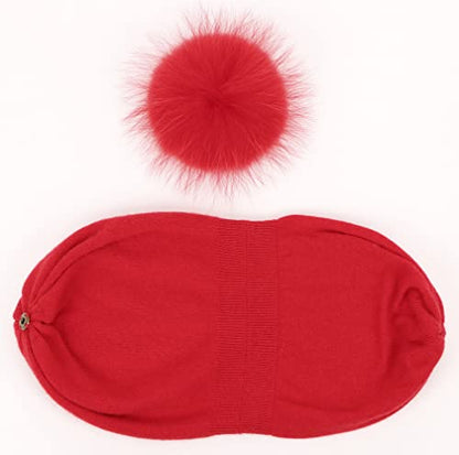 Women's Double Layer Winter Slouchy Knit Beanie Hat with Real Fur Pom Pom - color: Red Pom