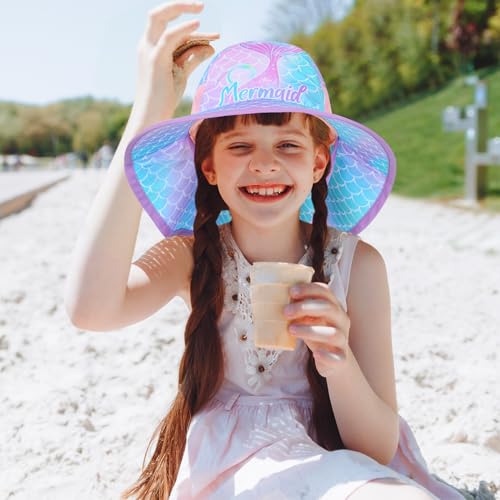 Girls Sun Hat for Kids UV Protection Unicorn Summer Hat Beach Play Hats Wide Brim Neck Flap for Girls Ponytail Hat 2-9 Years - color: Blue Purple Mermaid