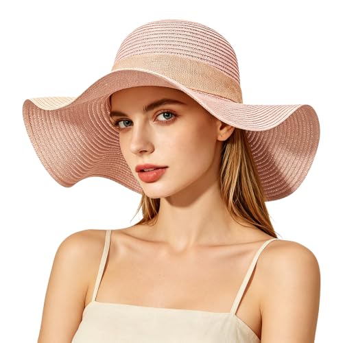 Women Floppy Sun Hat with Wide Brim, Foldable Roll-Up Straw Beach Hat Summer Hat for Travel - color: Pink