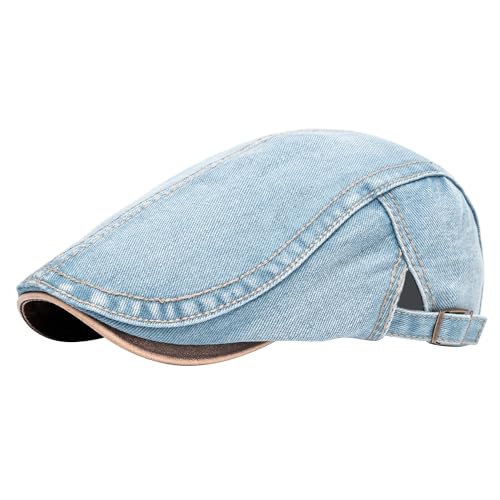 SEAUR Denim Newsboy Hats for Men Adjustable Flat Ivy Gatsby Cabbie Driving Beret Hat Breathable Cotton Golf Cap Unisex - color: Light Blue