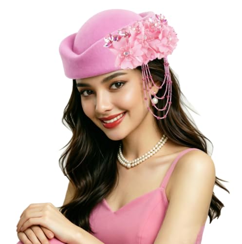 ORIDOOR Women's American and British Felt hat Church Derby Wedding Tea Party Crystal Flower Decoration Beret hat - color: 03-pink