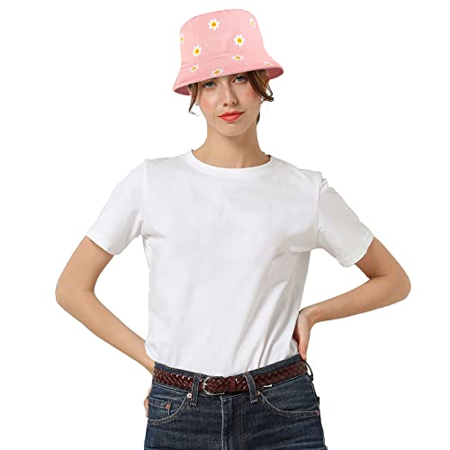 Falari Reversible Bucket Hat for Men Women Summer Travel Beach Outdoor Fishing Hat 100% Cotton - color: J876-pink-daisy Flower