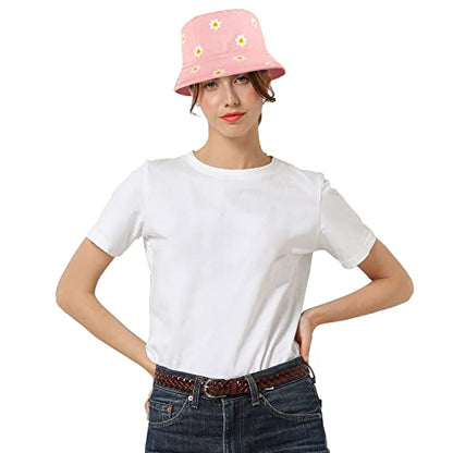 Falari Reversible Bucket Hat for Men Women Summer Travel Beach Outdoor Fishing Hat 100% Cotton - color: J876-pink-daisy Flower