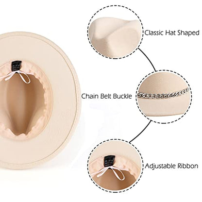 Women Men Wide Brim Fedoran Hat with Chain Belt Buckle - color: Beige