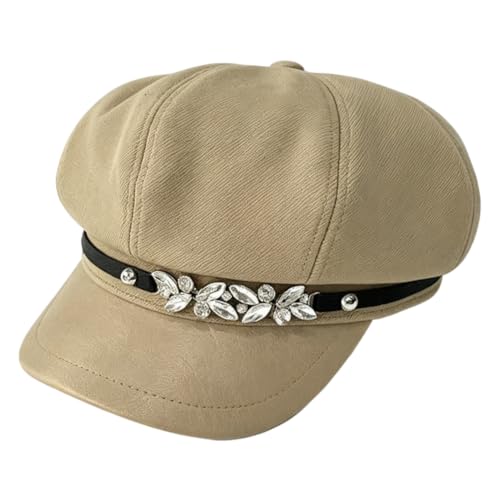 Newsboy Cabbie Baker Hat Octagonal Beret Cap Pageboy Visor Paperboy Hats Sailor Fiddler Caps for Women Men - color: Rhinestone Khaki
