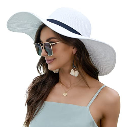 Women Wide Brim Sun Hat UPF50 Straw Summer Hat Floppy Beach Hat Roll-Up - color: Tie White