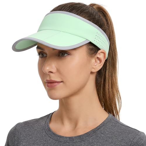 Foldable Sports Sun Visor Hat - Adjustable Running Golf Tennis Cap with Mesh&Reflective Design, Quick Drying for Men & Women - color: Mint Green/Reflective