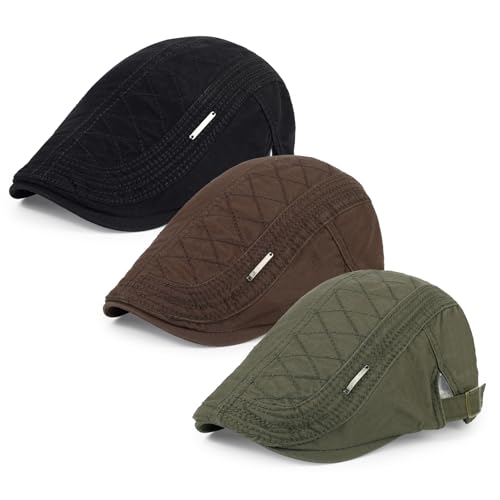 3Pcs Cotton Newsboy Hat for Men Cool Adjustable Flat Cap - color: Jcx-black+coffee+green