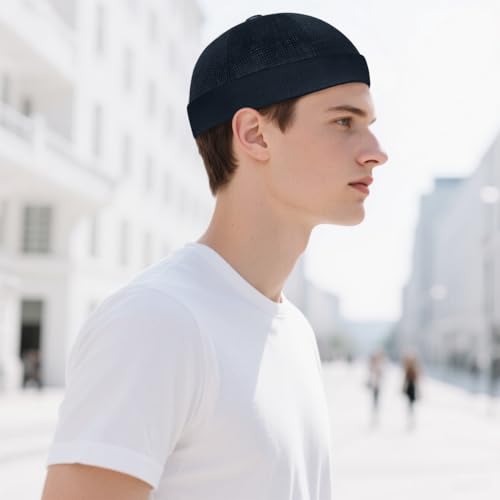 Mens Mesh Brimless Cap with No Brim, Summer Docker Cap Beanie Hat Flip Sailor Skullcap Breathable - color: Navy Blue 2
