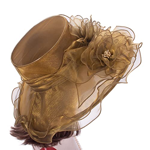 Lawliet Womens Dressy Wide Brim Church Wedding Occasion Sun Hat A613 - color: Gold