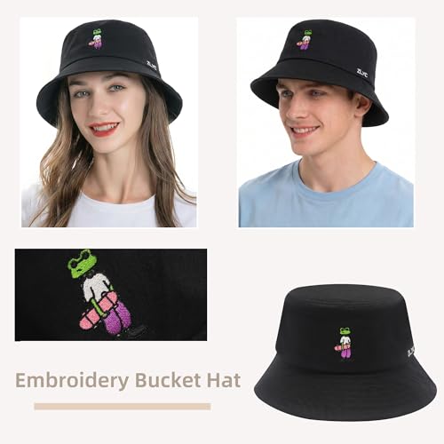 ZLYC Cotton Bucket Hat for Women Men Embroidered Packable Summer Sun Cap - color: Frog Black