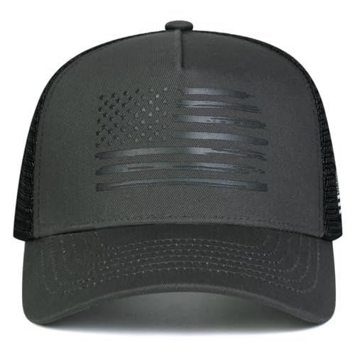 American Flag Trucker Hat, Breathable Mesh Snapback Baseball Cap for Men Women - color: Dark Gray
