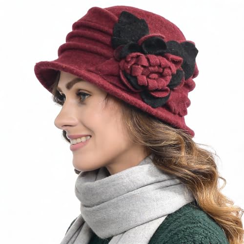 Vintage Women Floral Wool Dress Cloche Winter Hat 1920s - color: C020-d-claret