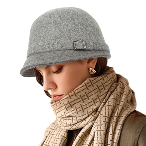 Winter Cloche 100% Wool Bucket Hat for Women Elegant Dress 1920s Vintage Fedora Hats Church Derby Party Fashion - color: 2grey