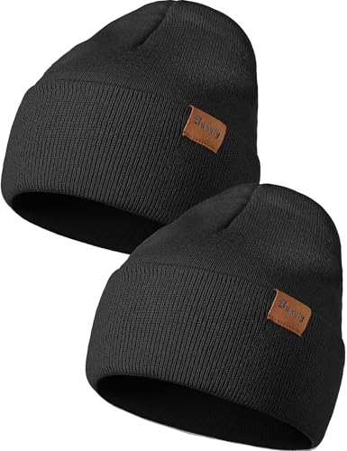 Beanie Hats for Men Women Knit Winter Hat, Warm Skull Stocking Cap, Striped Snow Hat Heated Cuffed Beanie - color: 2p-black+black