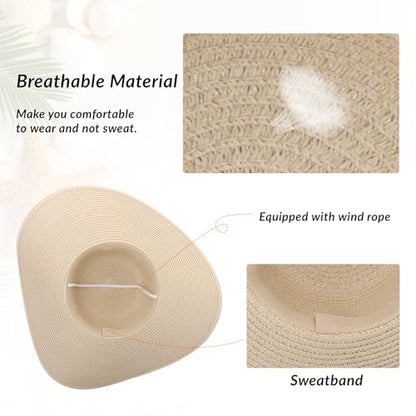 Oweisong Sun Beach Hats for Women Trendy Summer Vacation Straw Hat Boho Bow Wide Brim Packable Hat - color: Begie