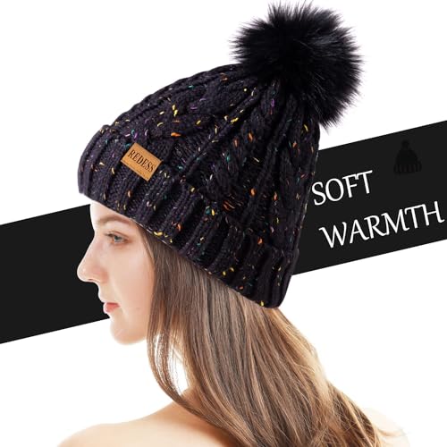REDESS Women Winter Pompom Beanie Hat with Warm Fleece Lined Thick Slouchy Snow Knit Hat Skull Ski Cap - color: Dot Black