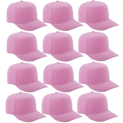 12 Pack Seamless Baseball Caps Wholesale Bulk - No Center Seam, DIY Friendly, Adjustable Breathable Lightweight for Men Women - color: Pink